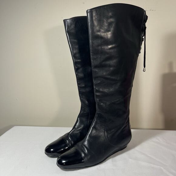 Prialpas Gomma Italy‎ Back Laced Tall Knee High Boot Black Leather 7 1/2 Riding - Picture 1 of 12
